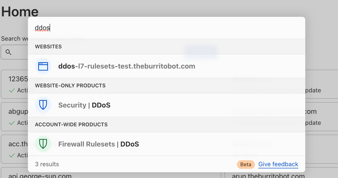 Image of quick search in the Cloudflare dashboard showing results for the search term “ddos”