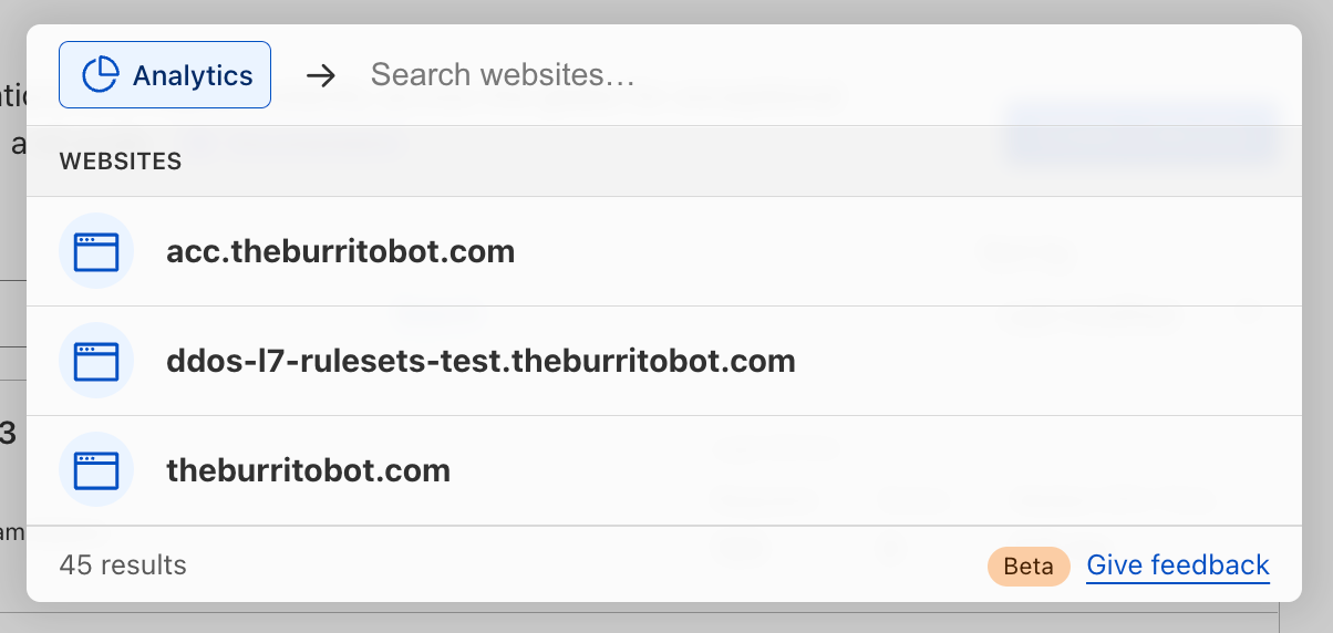 Image of quick search in the Cloudflare dashboard showing how to navigate to the Analytics page within a specific Cloudflare website or domain