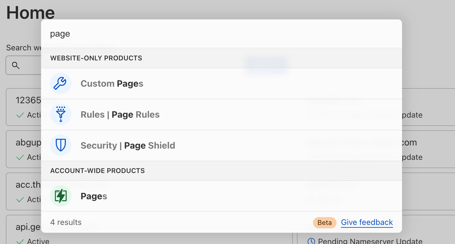 Image of quick search in the Cloudflare dashboard showing results for the search term “page”