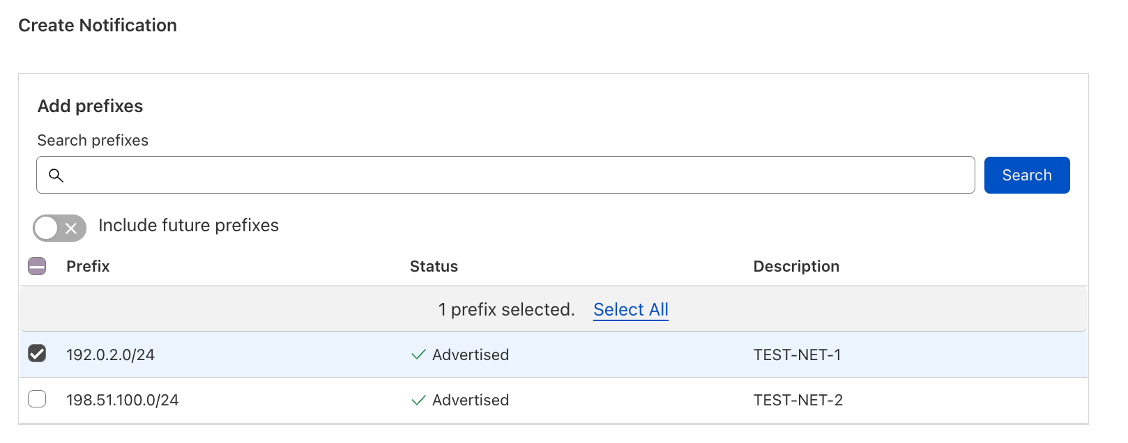 Screenshot of the Advanced L3/4 DDoS Attack Alert creation screen: selecting prefixes