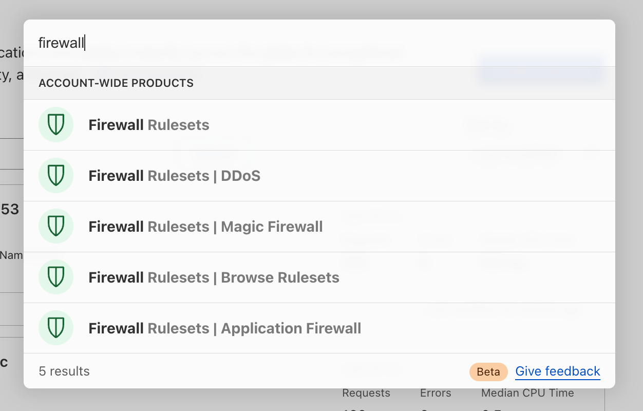 Image of quick search in the Cloudflare dashboard showing results for the search term “firewall”