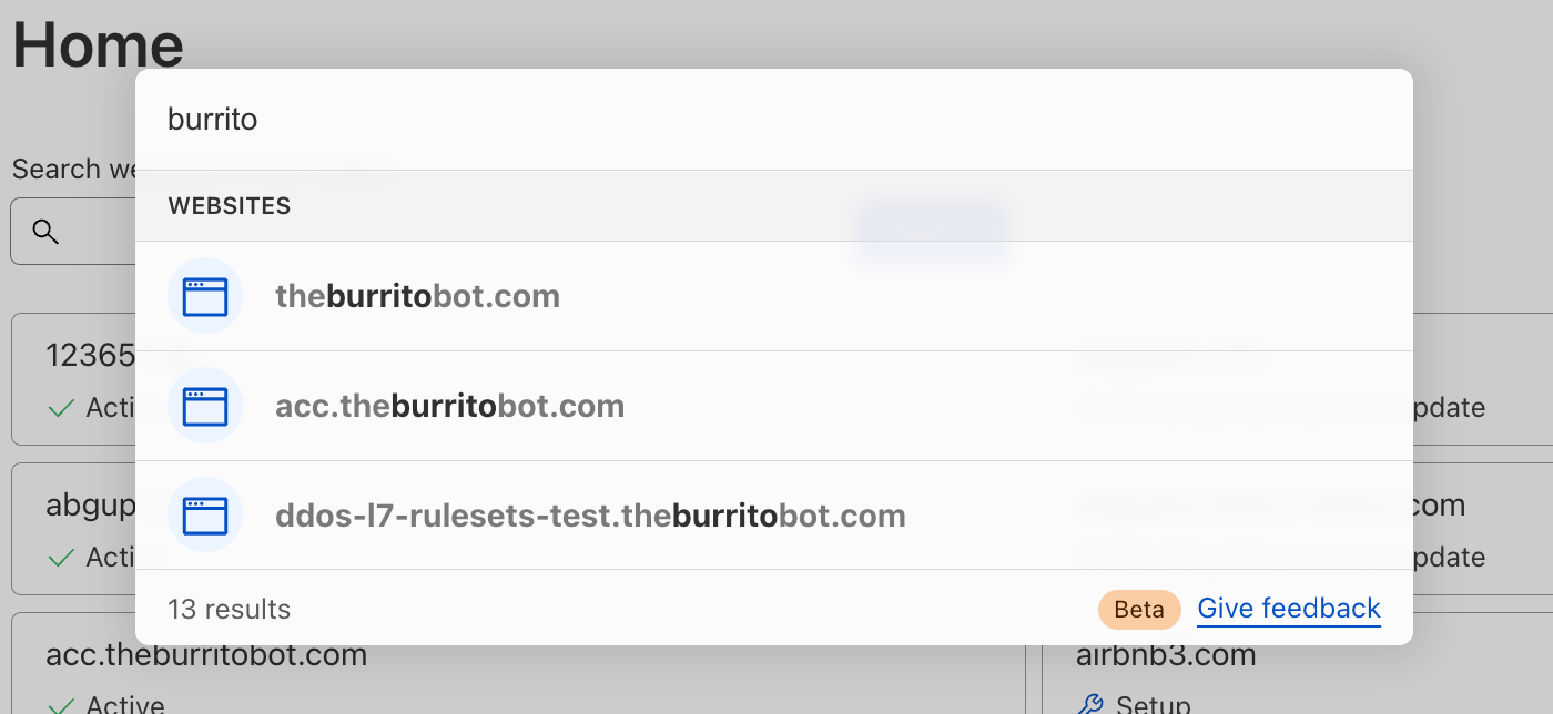Image of quick search in the Cloudflare dashboard showing results for the search term “burrito”