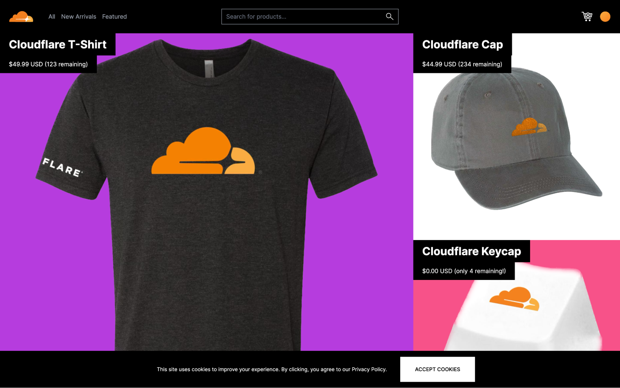 A screenshot of the landing page of a demo Cloudflare e-commerce website selling a t-shirt, cap and keycap. Each item is branded with the Cloudflare logo, and has a price and "stock remaining" number.