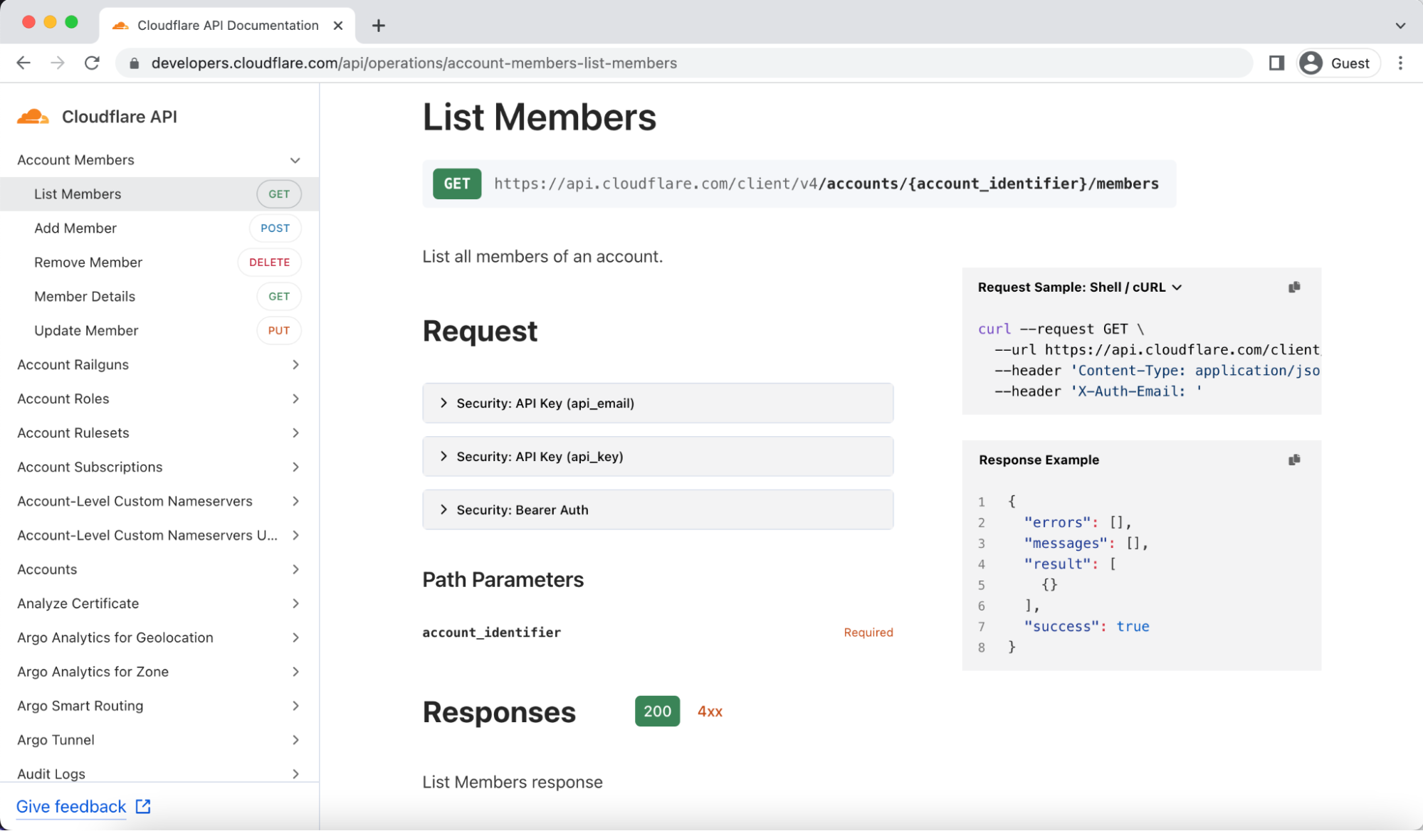 Screen capture of new API documentation site, showing List Members endpoint with authentication information, required parameters, and examples.