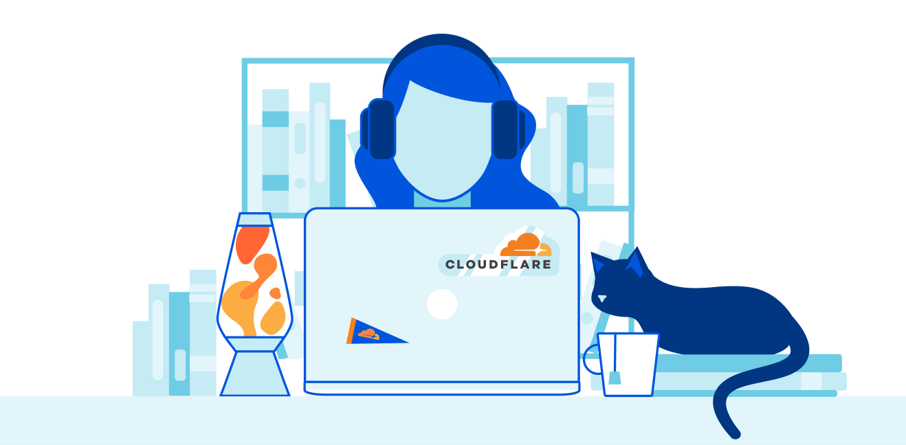 Illustration of a developer in front of a laptop with the Cloudflare lava lamp.