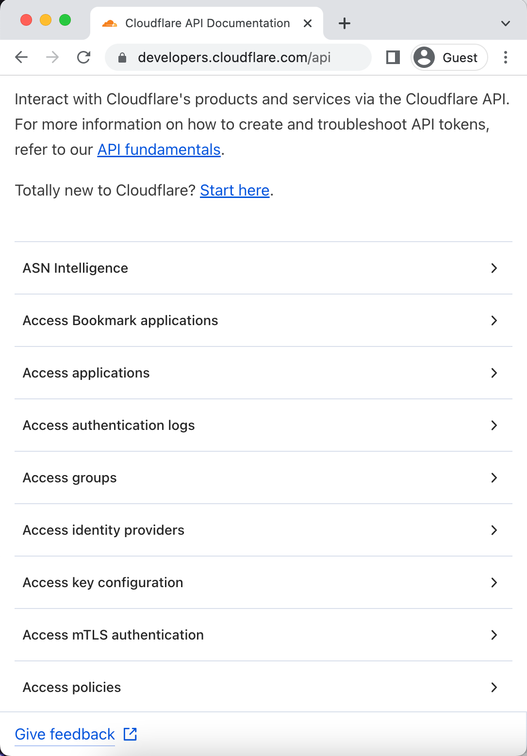 Screen capture of the new API documentation site on mobile, showing the alphabetized list of endpoints.
