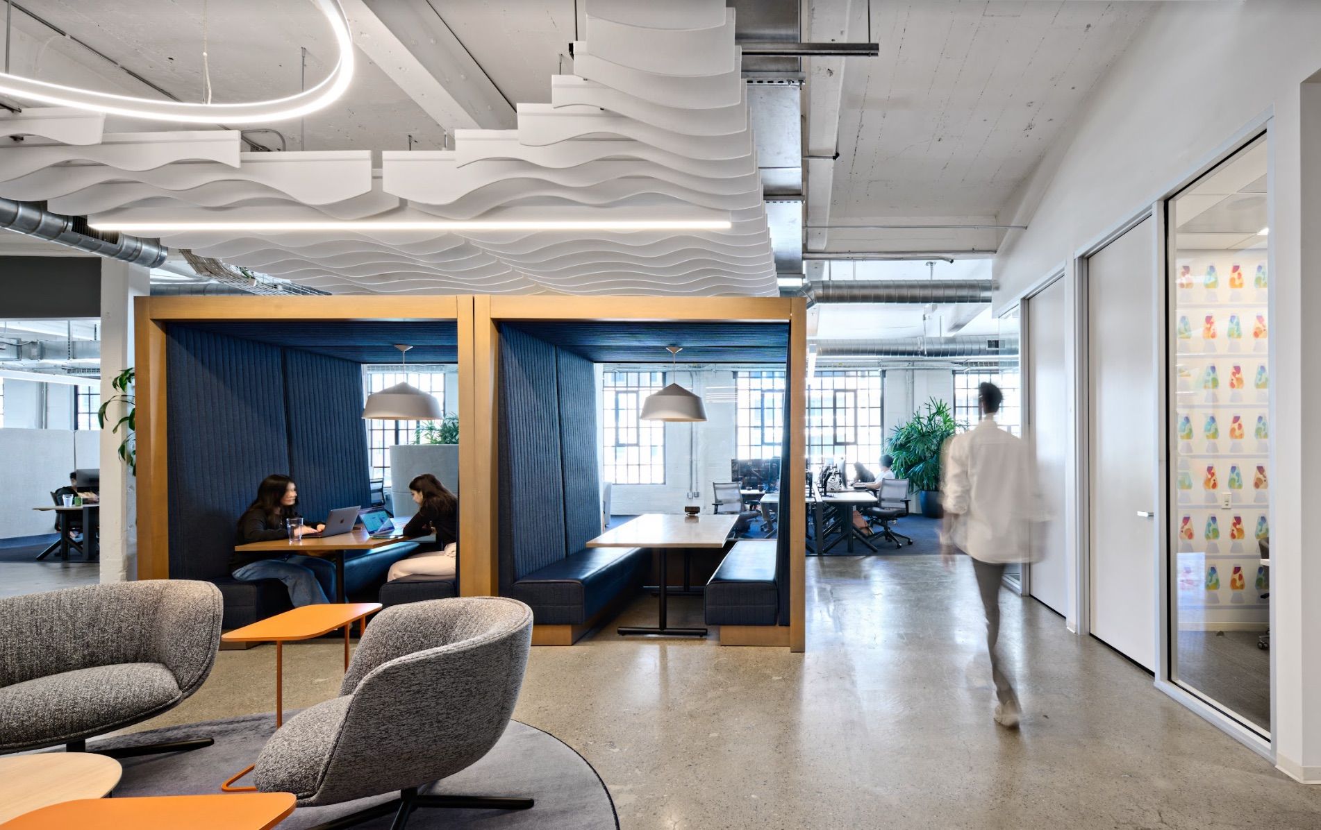 An example of sustainable acoustic baffles as seen in our San Francisco office