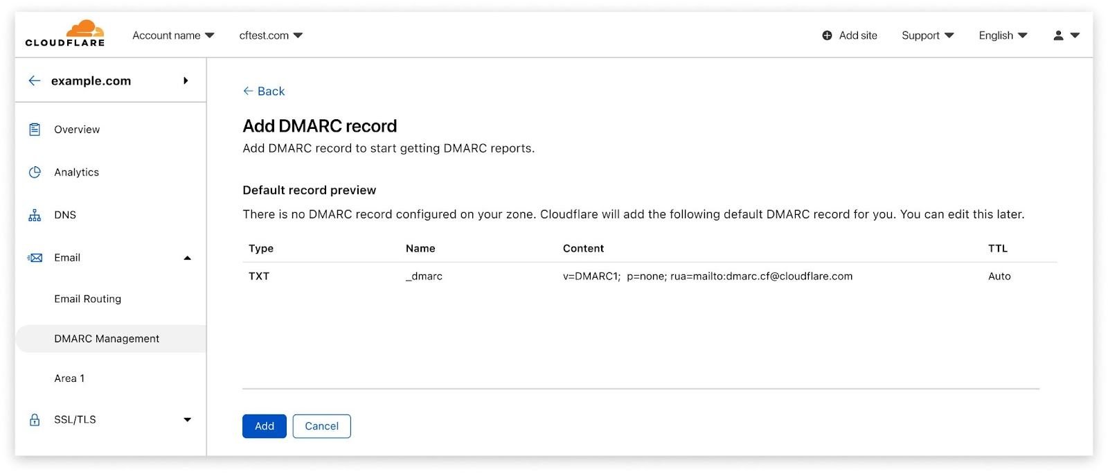Hay una vista previa del registro DMARC creado con este registro RUA