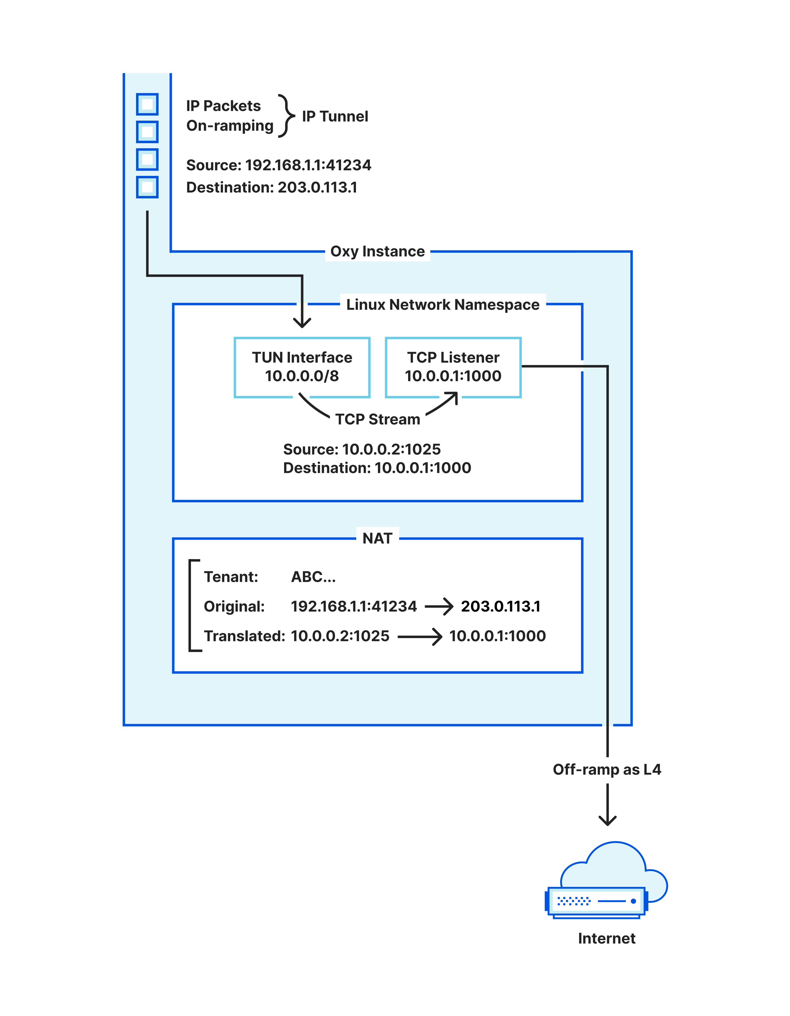 This diagram illustrates a TCP IP Flow, represented by its stream of raw IP packets, being processed to obtain a TCP stream of data. To do so, an anonymous Linux network namespace is used together with address translation.