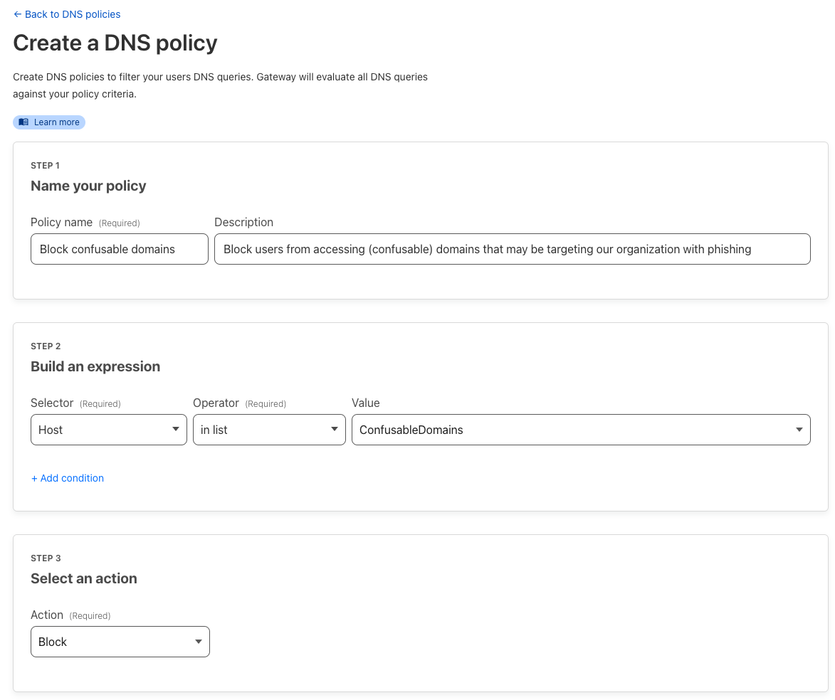 Ejemplo de una regla de política de DNS para bloquear dominios confusos