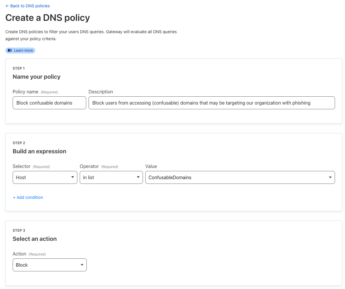 紛らわしいドメインをブロックするDNSポリシールールの例