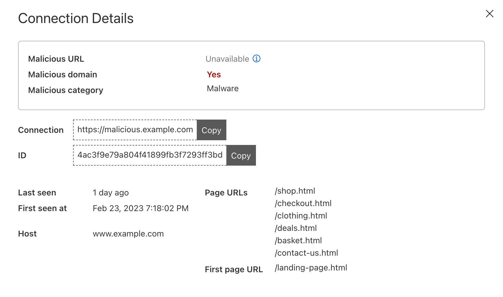 Connection details indicating the active exploit on a customer website