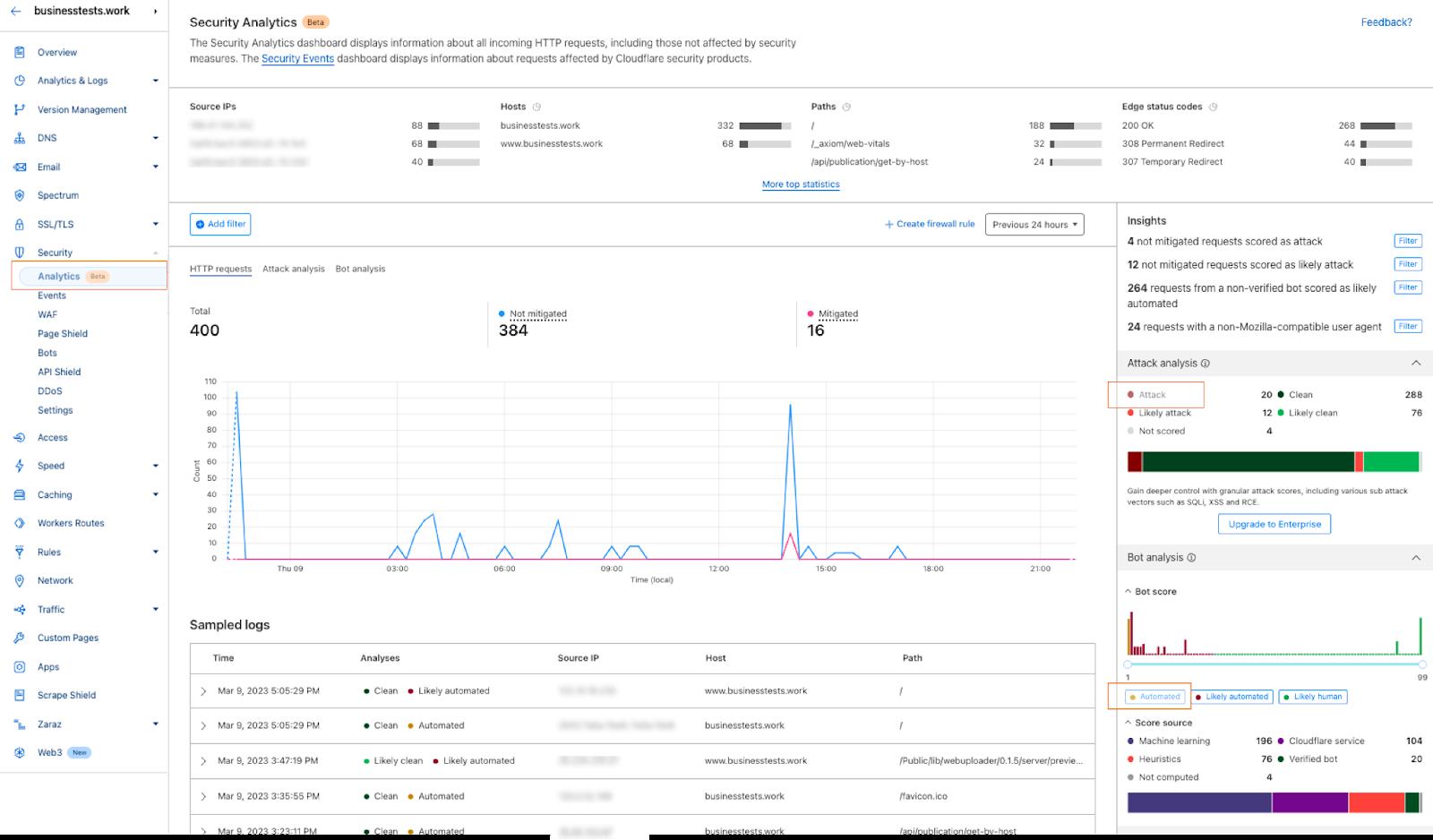 Screenshot of the Security Analytics from the dashboard highlighting attack class and automated traffic