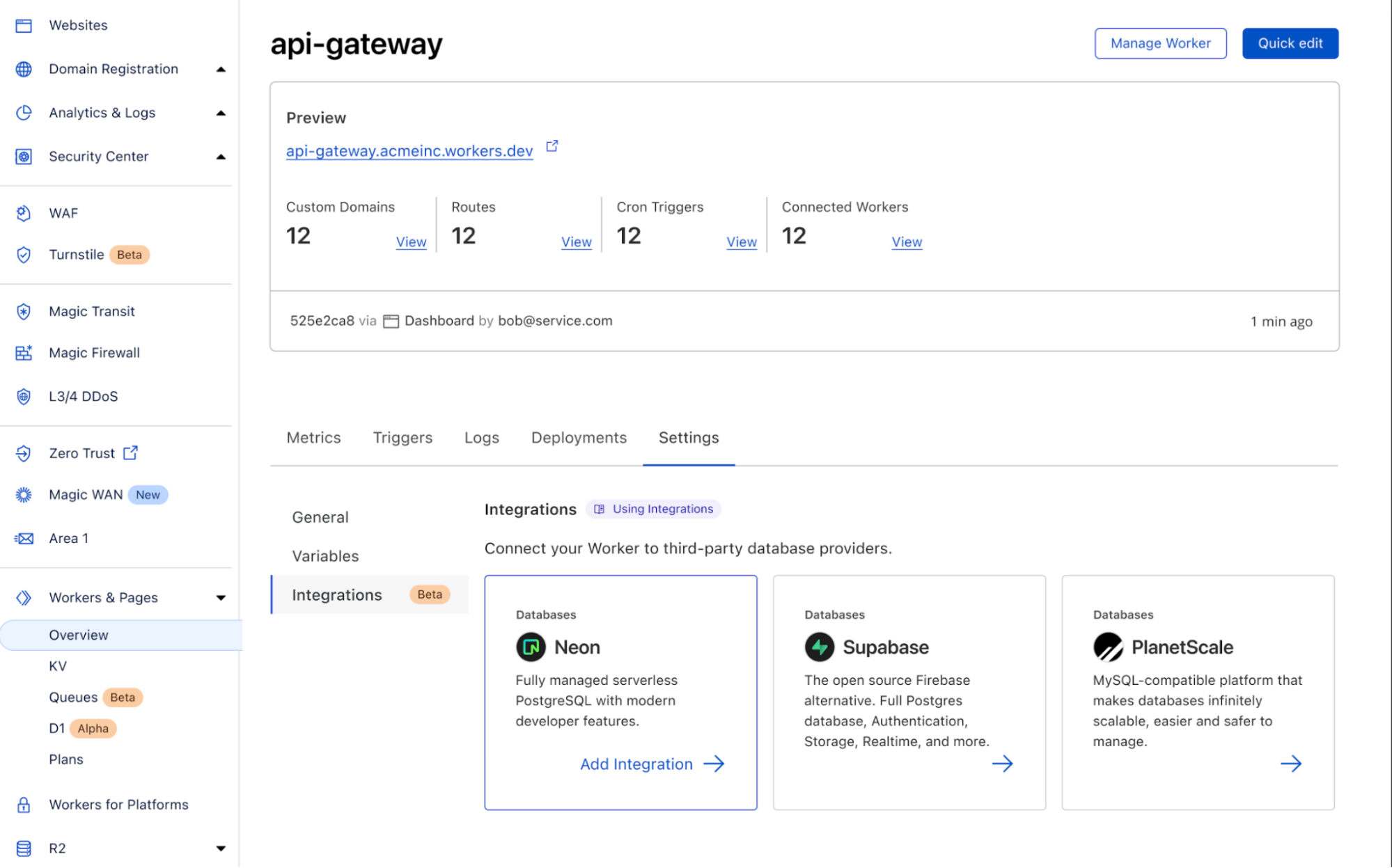 Database Integrations en el panel de control de Cloudflare