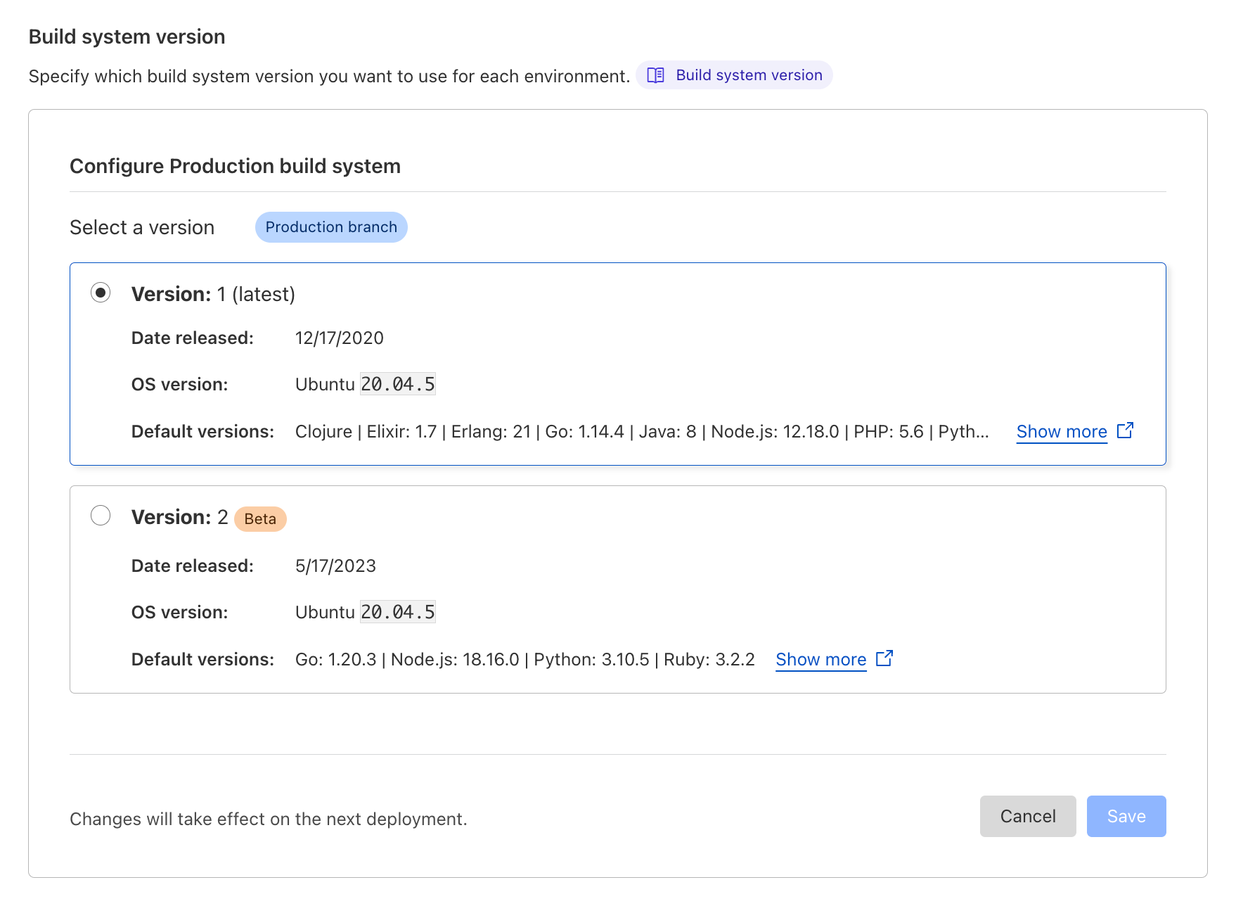 Screenshot of the Cloudflare dashboard Pages project settings screen where you can configure the build system version.