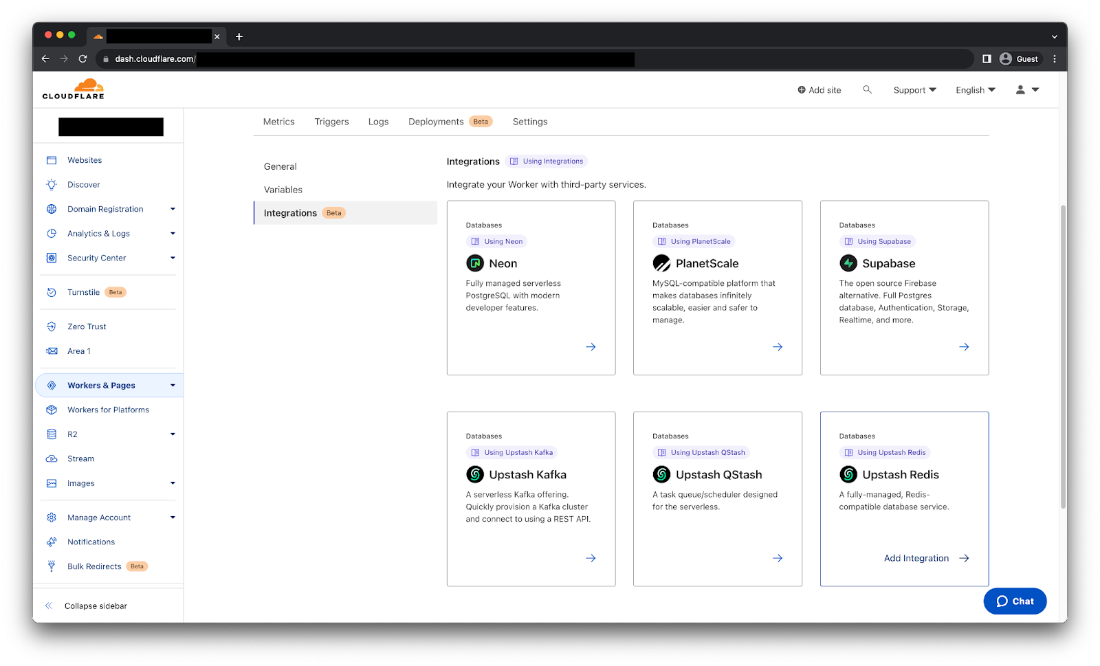 Workers Integration tab showing all Integrations