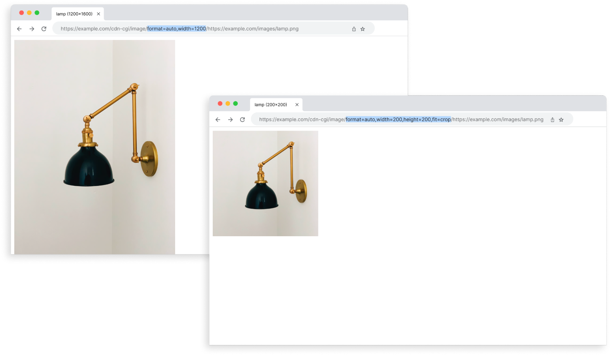 Two website pages that show how the same image of a lamp can be transformed in different ways by adding parameters to the URL.