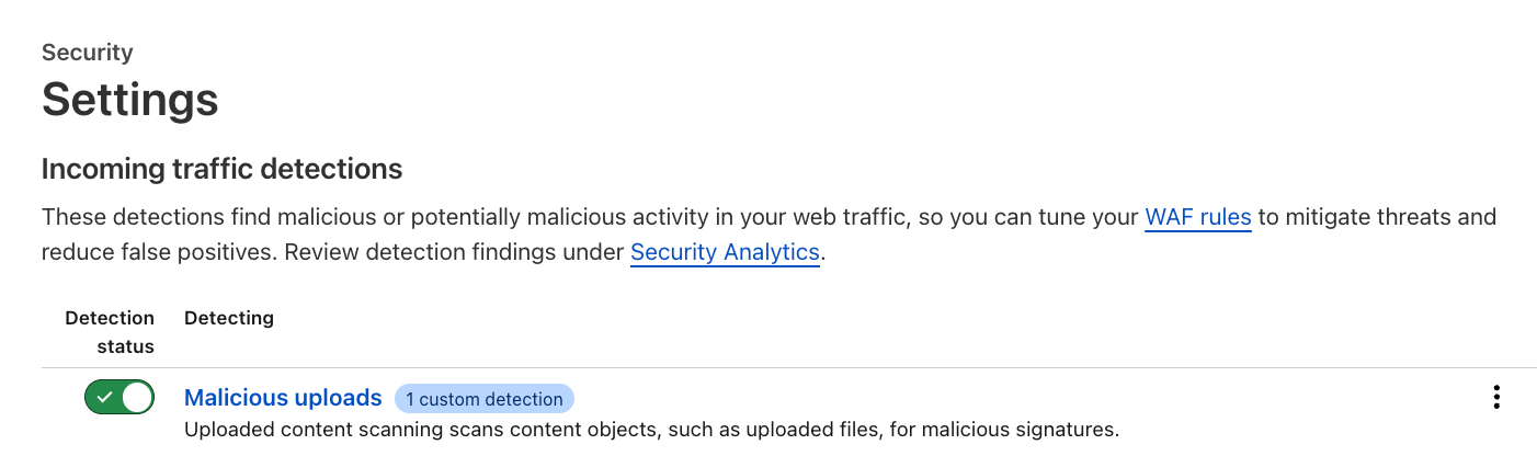 screenshot from a new section added to Cloudflare’s security settings showing Malicious uploads feature and a toggle to enable or disable it
