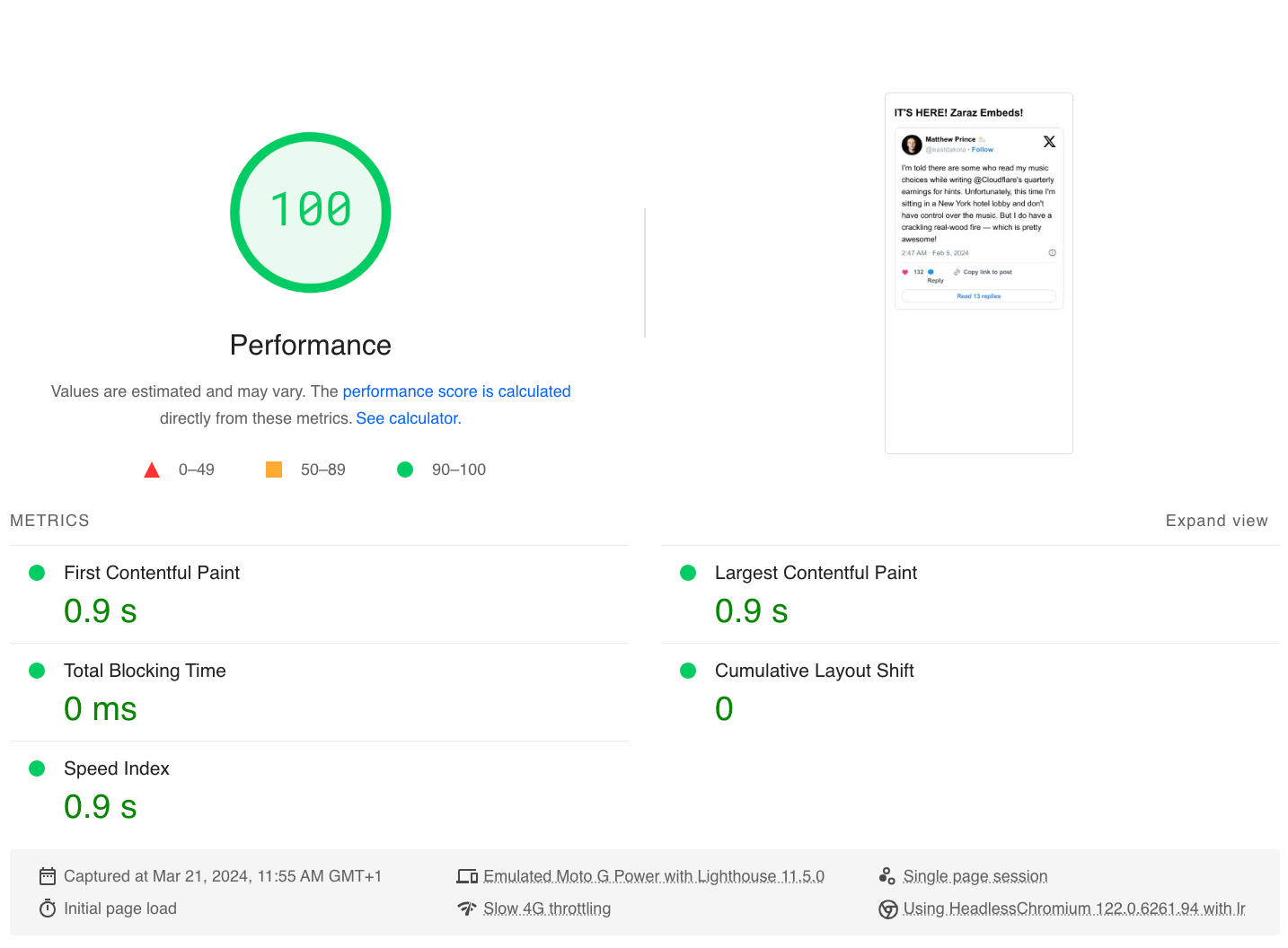 Cloudflare Zaraz Twitter Embed scores 100 in Google PageSpeed Insights test